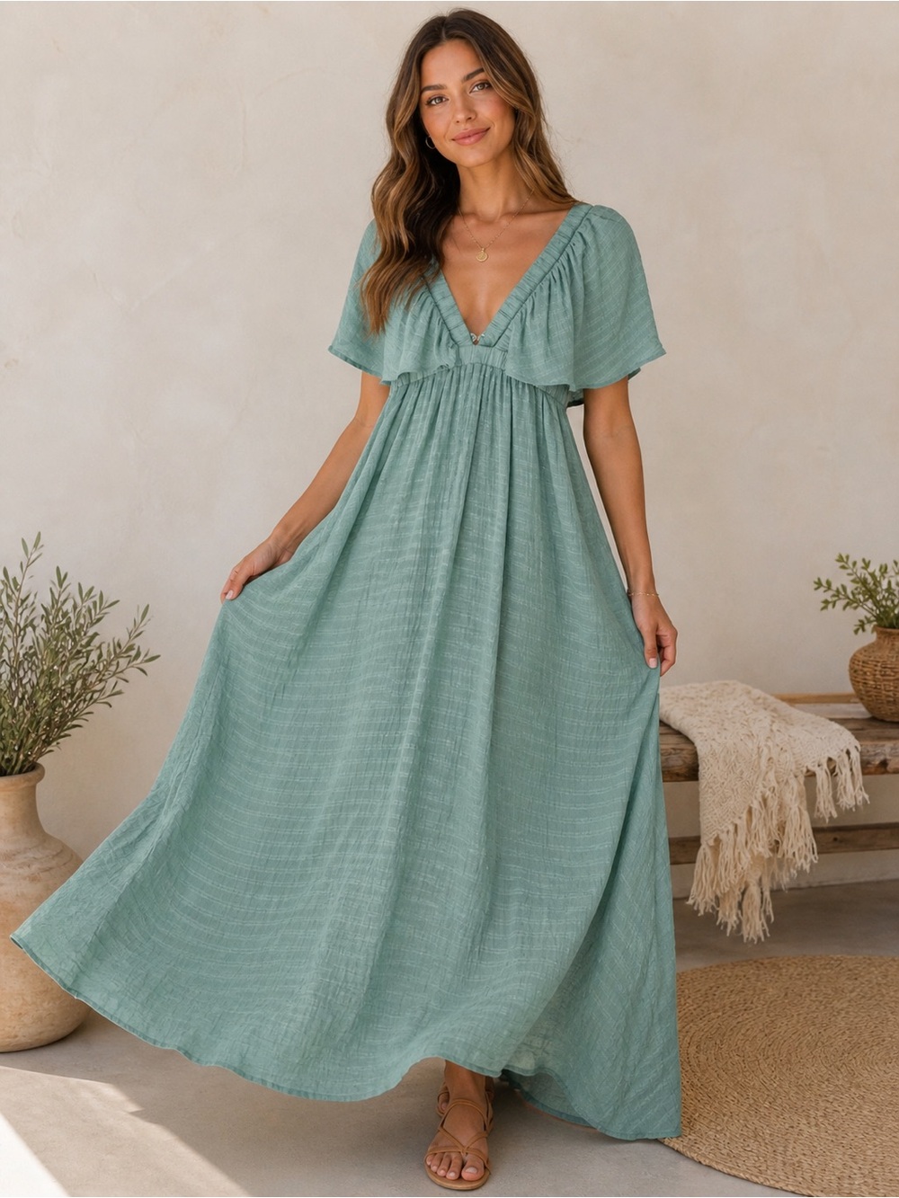 Boho‎ Sage Green Maxi Dress Flutter Sleeve V Neck Cottagecore S